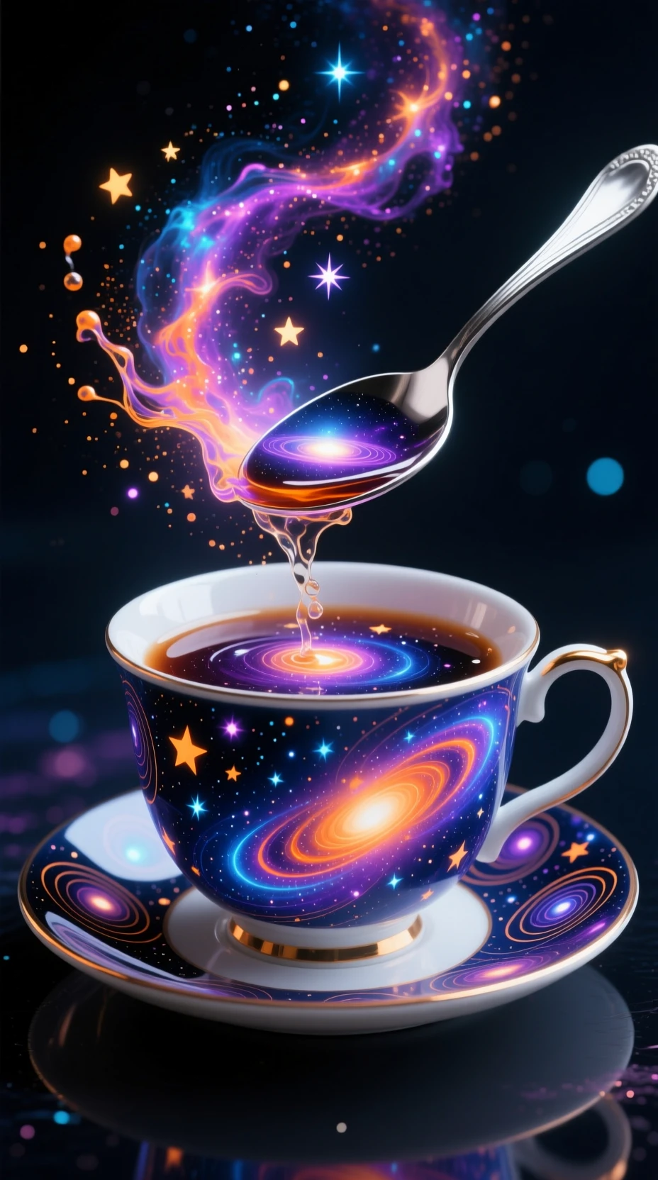 Xícara cósmica surreal girando com um universo em miniatura