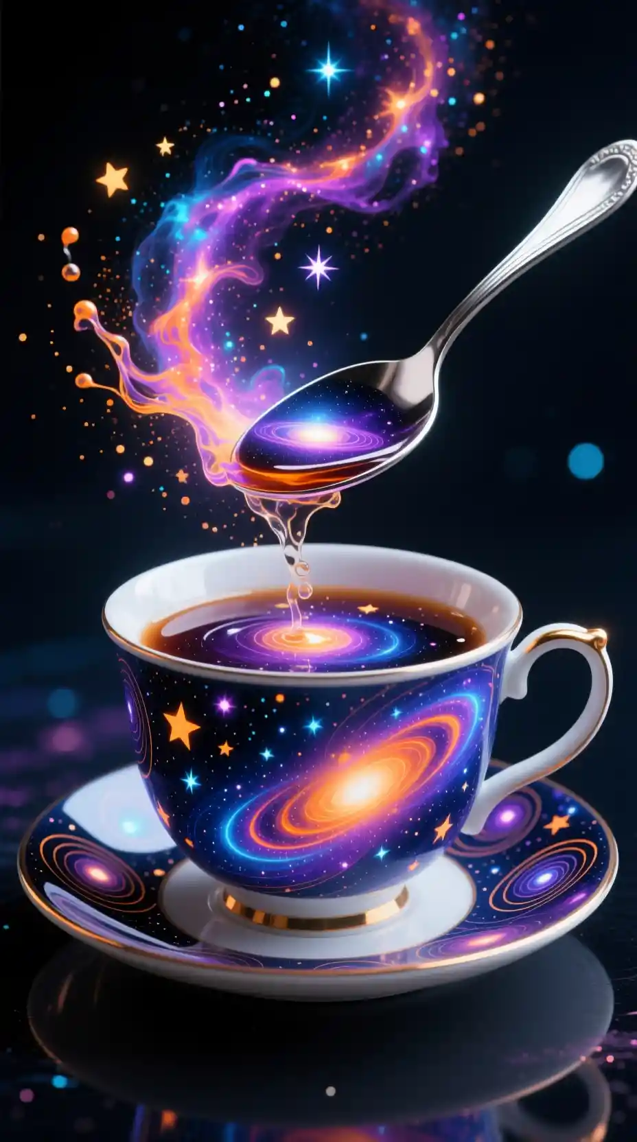 Xícara cósmica surreal girando com um universo em miniatura