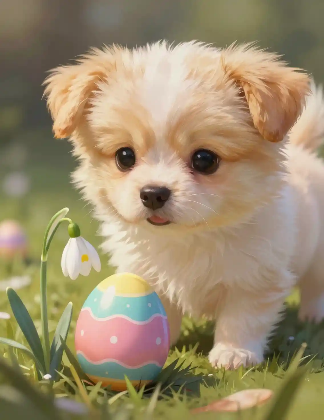 Cute puppy surprised by a colorful Easter egg under snowdrop