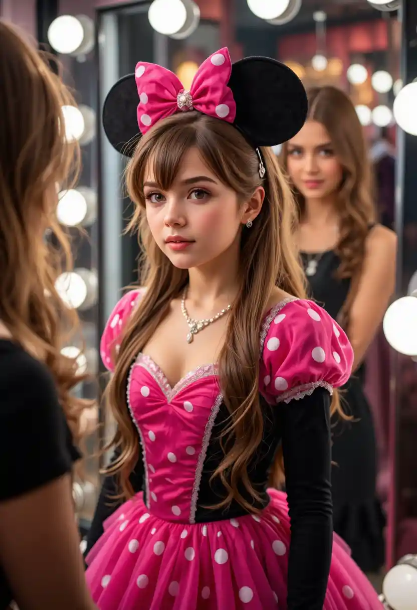 Menino com vestido rosa da Minnie fazendo maquiagem em boutique