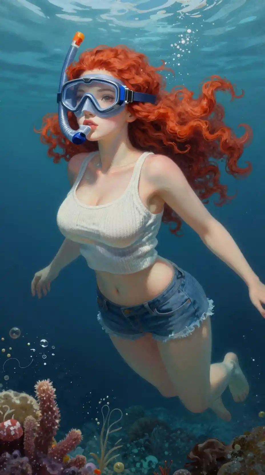 볼륨감 있는 붉은 머리 여성이 깊은 바다 바닥을 따라 헤엄치는 모습