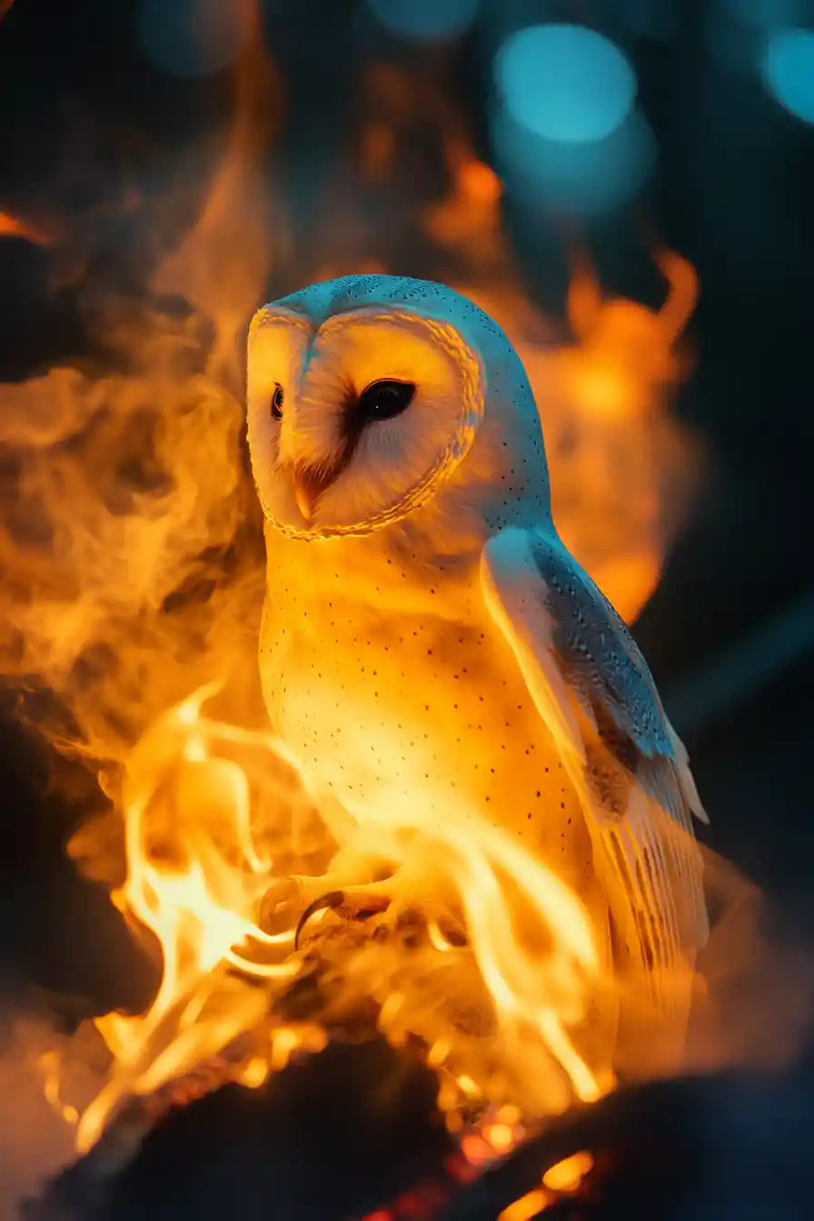 Surreale Vision einer Eule in einer Lagerfeuerflamme