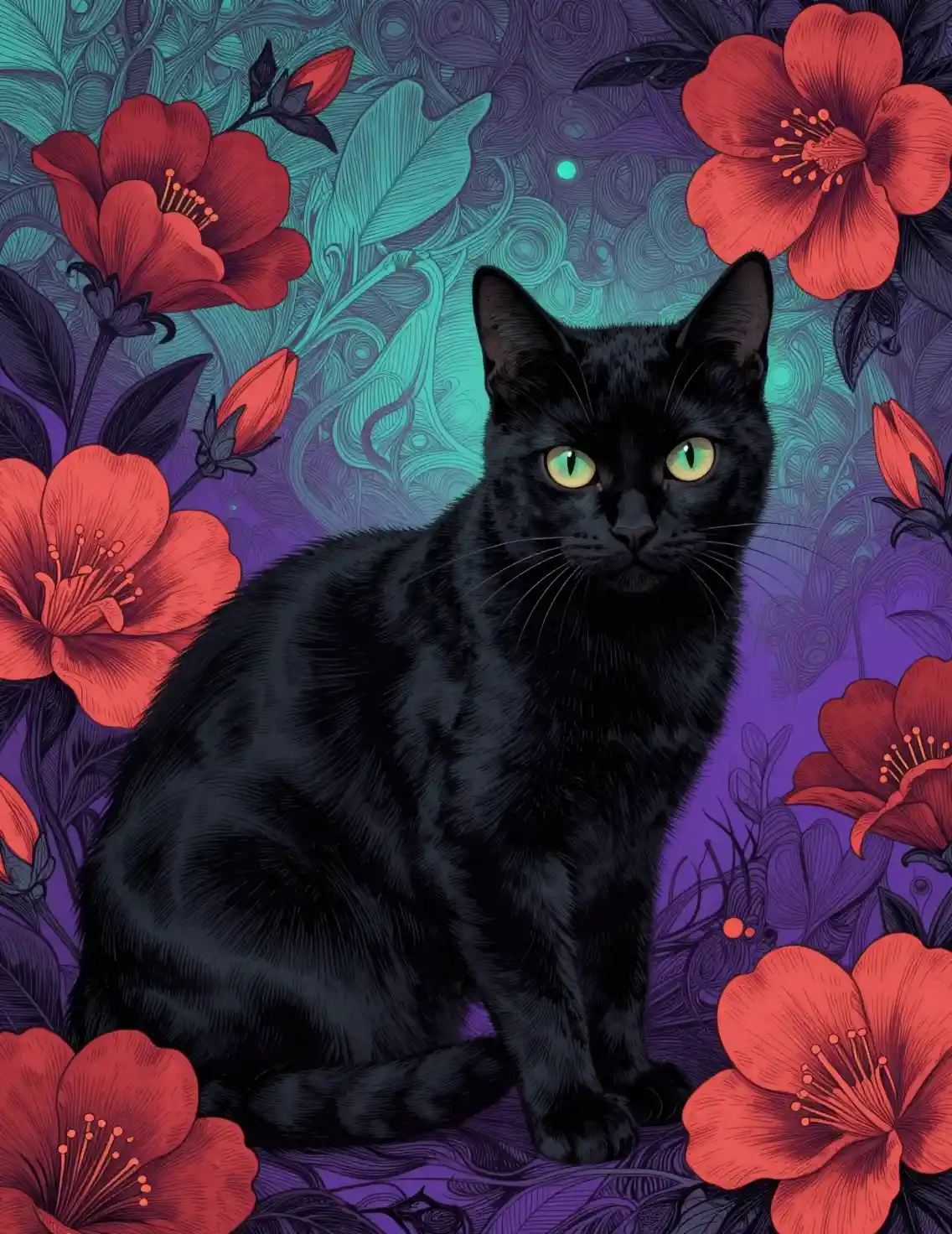 Chat noir parmi des fleurs rouges en style gothique lumineux