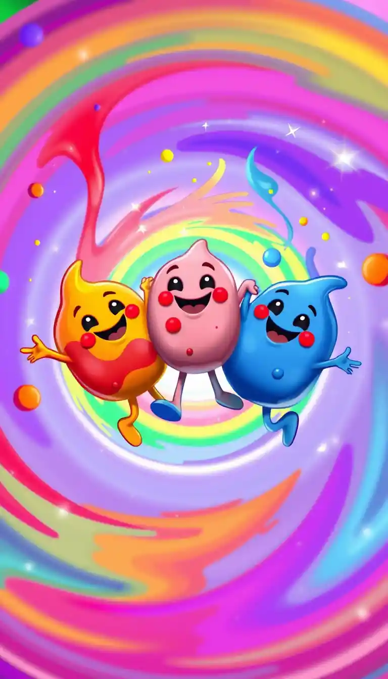 Colorful paint blob characters spinning in a joyful circle