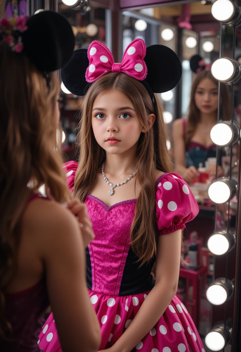 Menino apreensivo com vestido rosa da Minnie em frente ao espelho de maquiagem