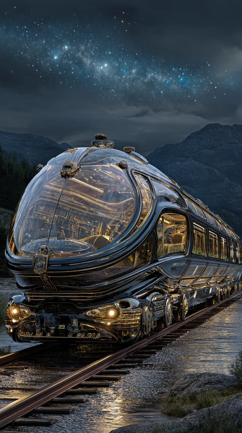 幻想玻璃列車飛馳於黑夜景色之中