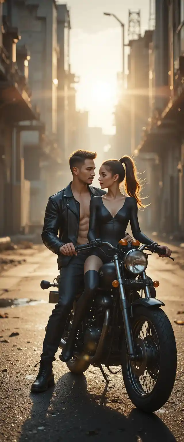 Casal de Moto em Rua Industrial da Cidade com Contraluz