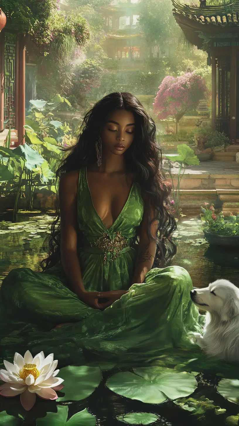 Mulher meditando com cachorro em jardim chinês tranquilo