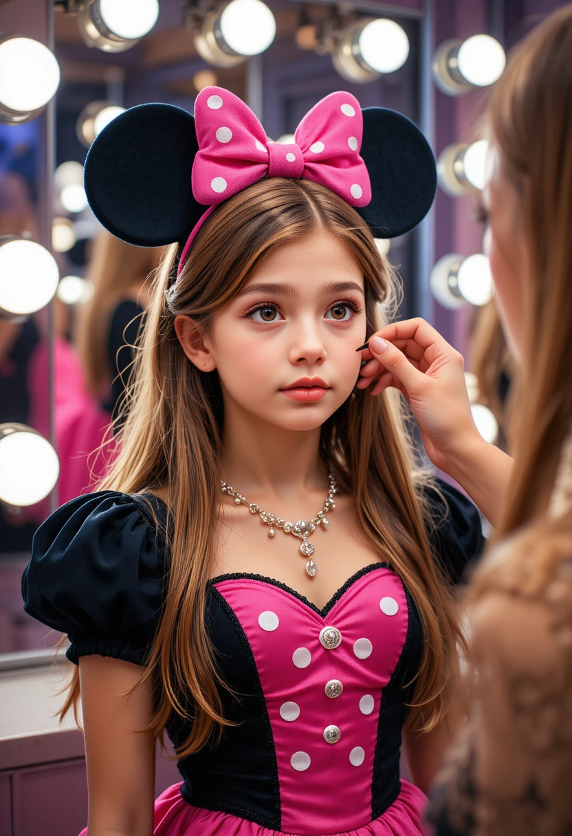 Menino usando vestido rosa da Minnie fazendo maquiagem em boutique