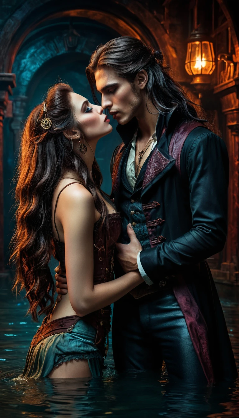 Baiser romantique entre vampire et sirène dans des eaux steampunk sombres