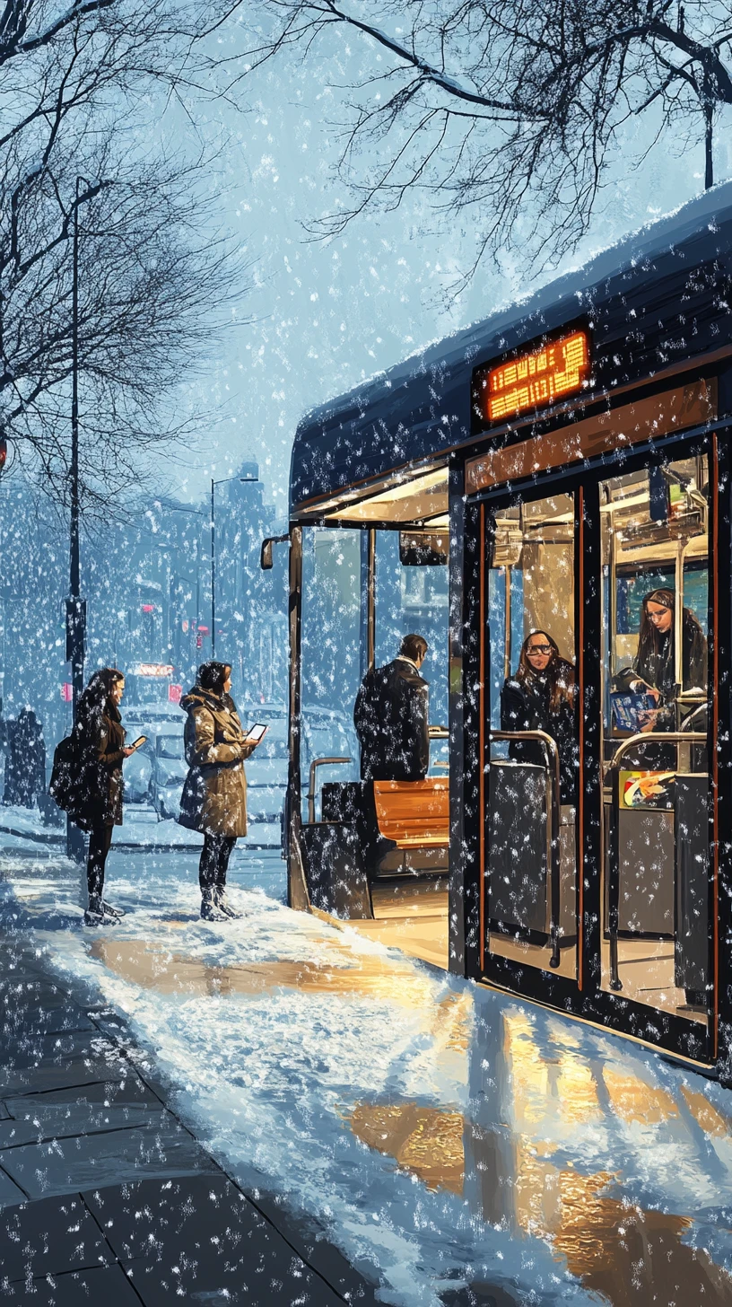 Pessoas esperando em um ponto de ônibus urbano nevado no inverno