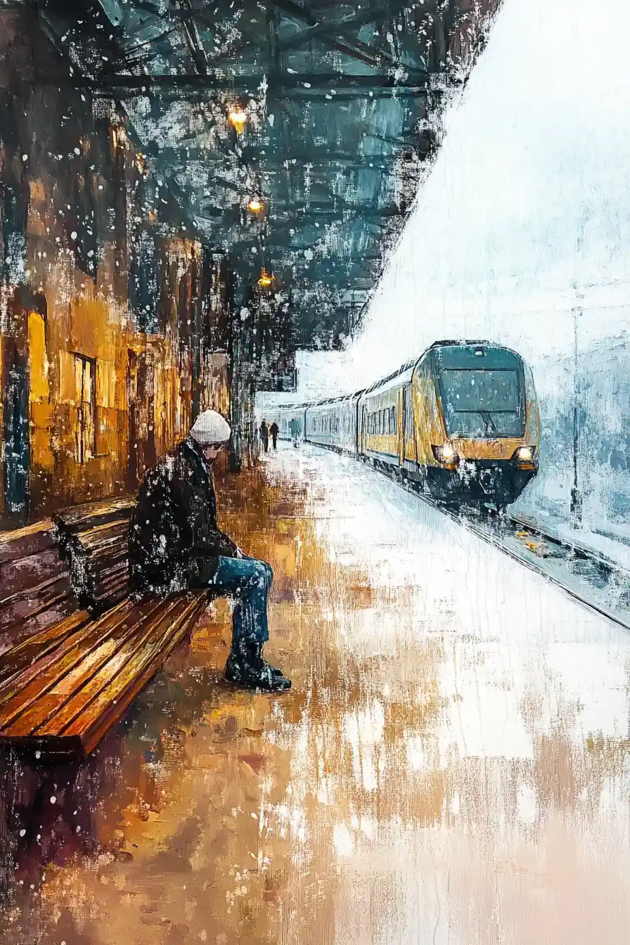 Idoso esperando em uma plataforma de trem urbana chuvosa no inverno