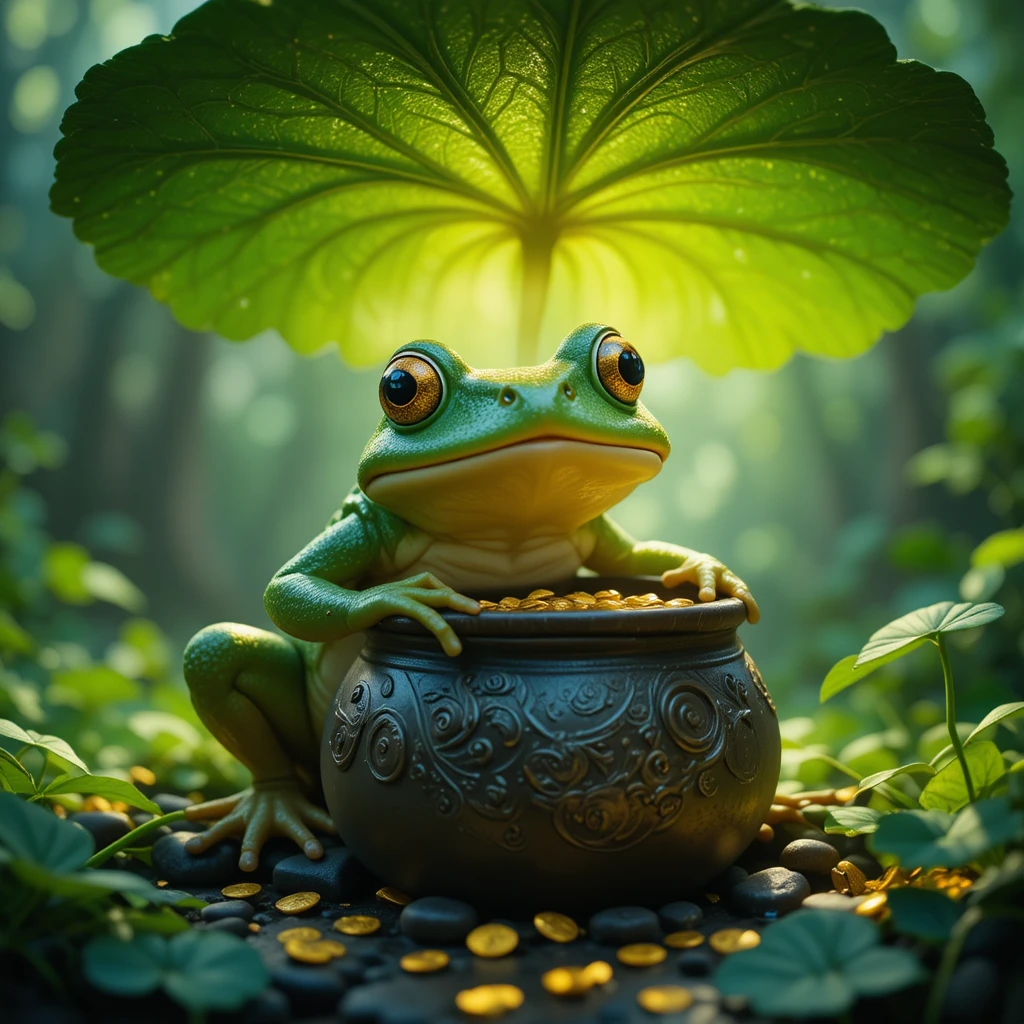 Sapo Guardando um Pote de Ouro sob uma Folha de Trevo