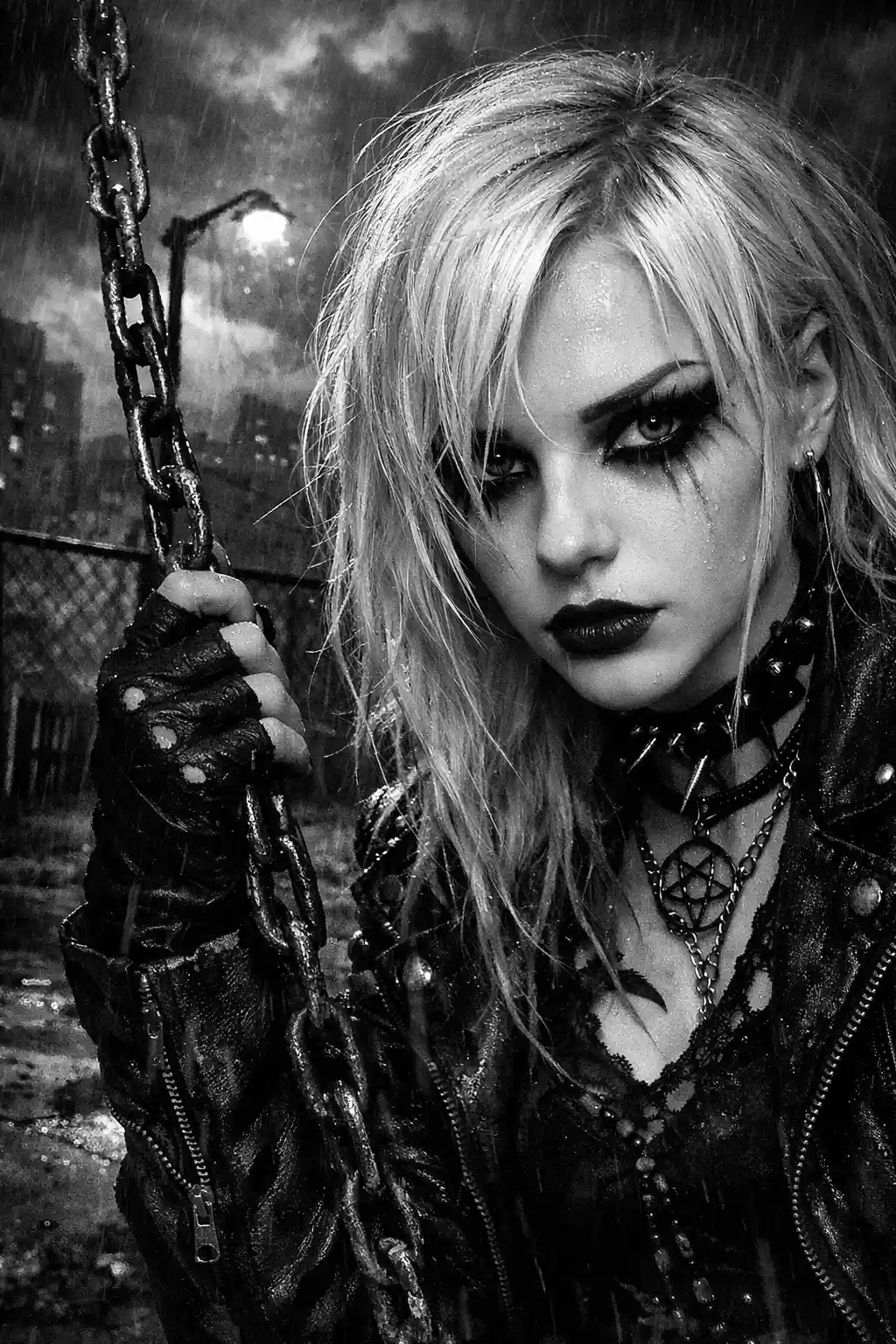 Gothic girl close up on a swing in dark playground