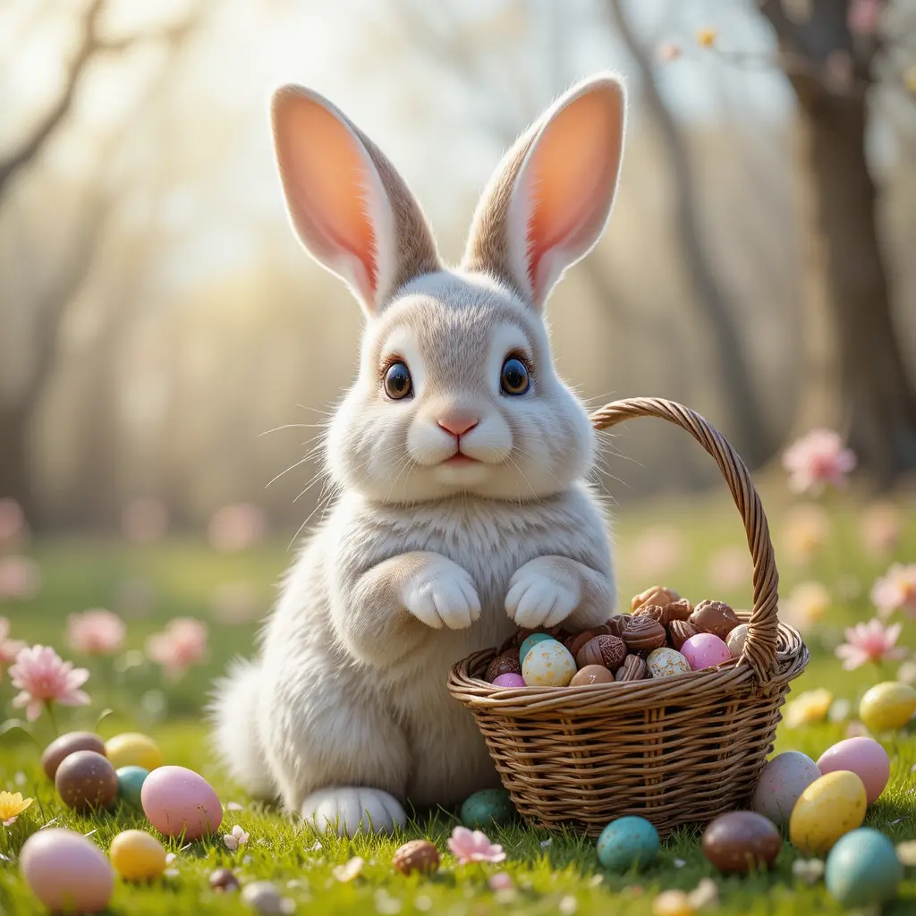 Adorable lapin de Pâques dans une prairie de bonbons colorés