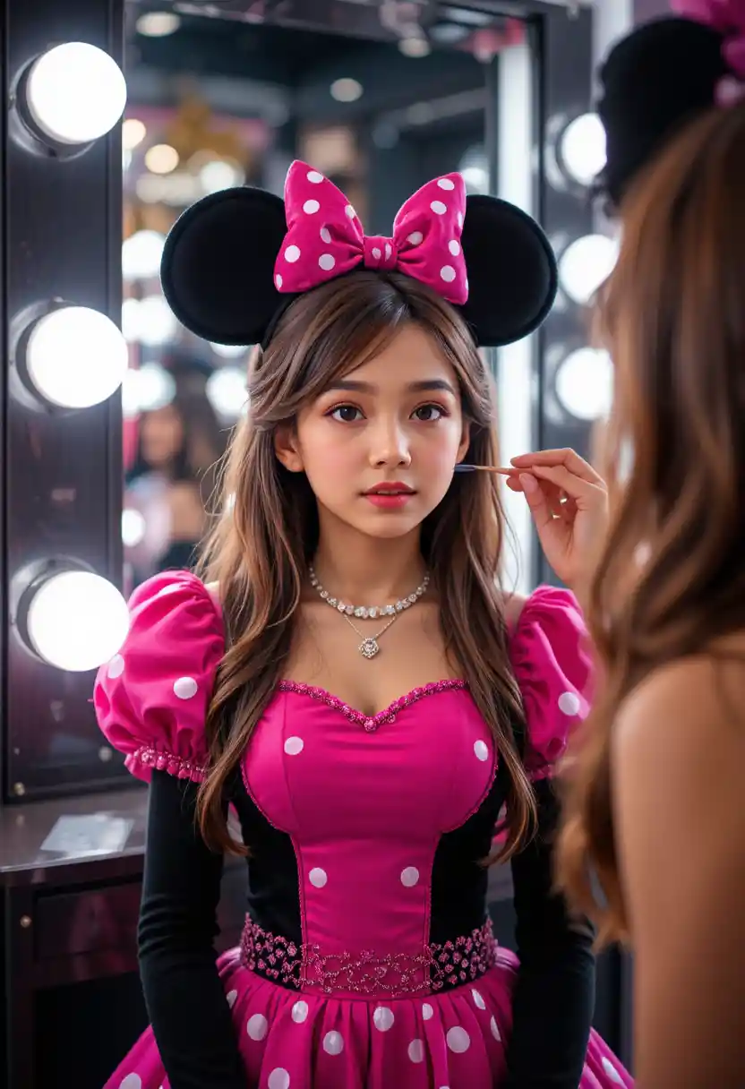 Giovane ragazzo in abito rosa di Minnie davanti allo specchio trucco di una boutique