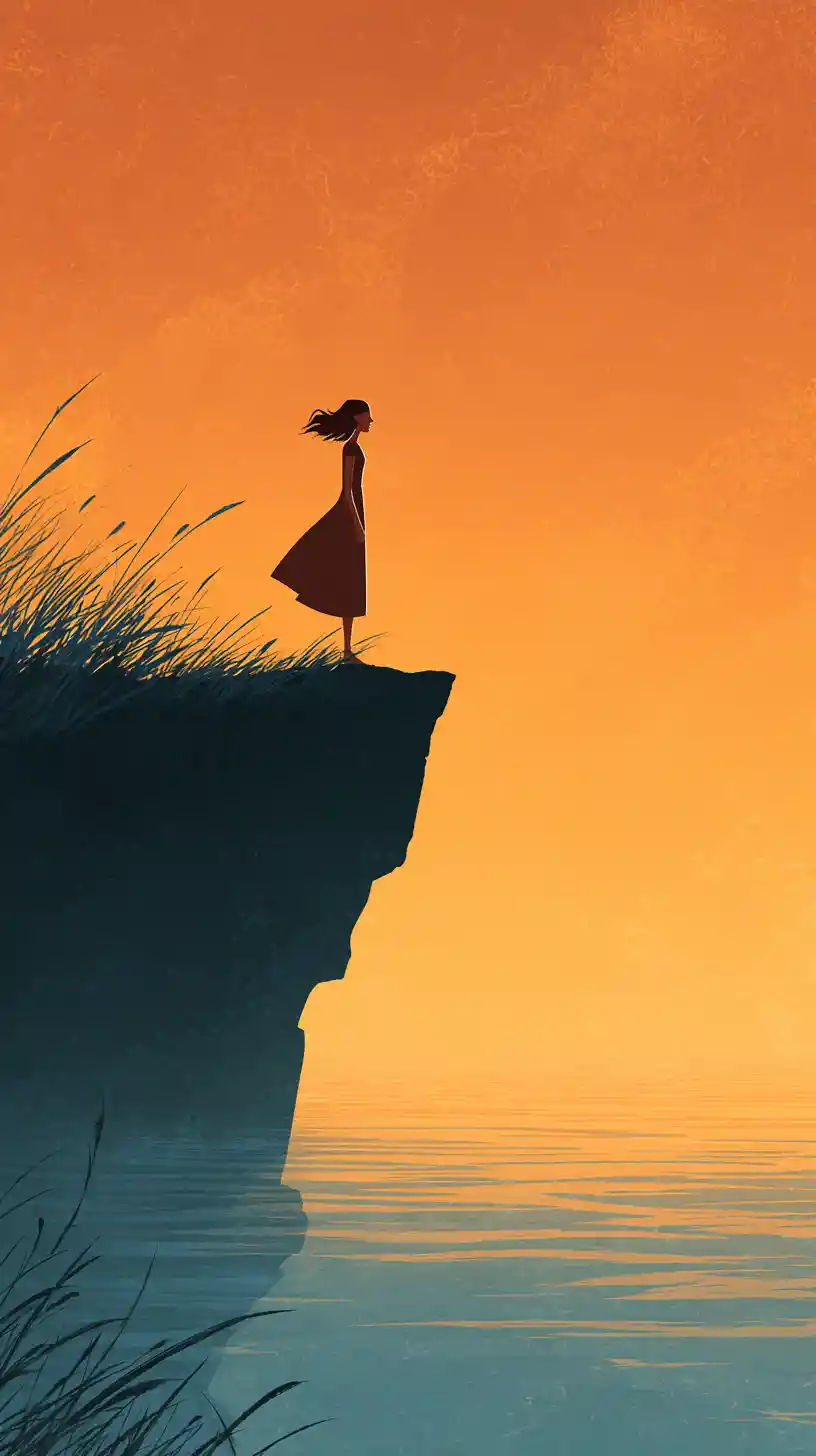 Woman on a sea cliff at sunset in minimalist silhouette