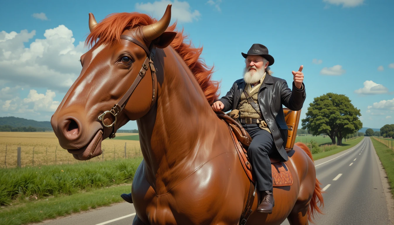 Old man riding a giant brown chicken along country road