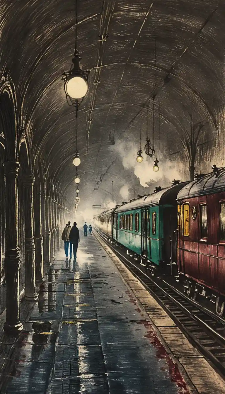 夜間穹頂哥德式車站中的維多利亞時代蒸汽火車