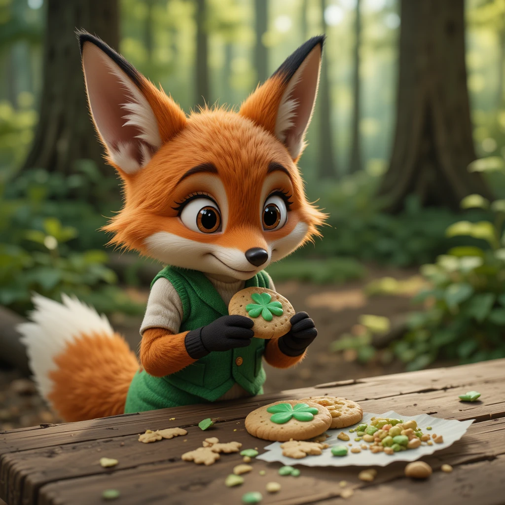 Raposa de colete verde roubando um biscoito de trevo