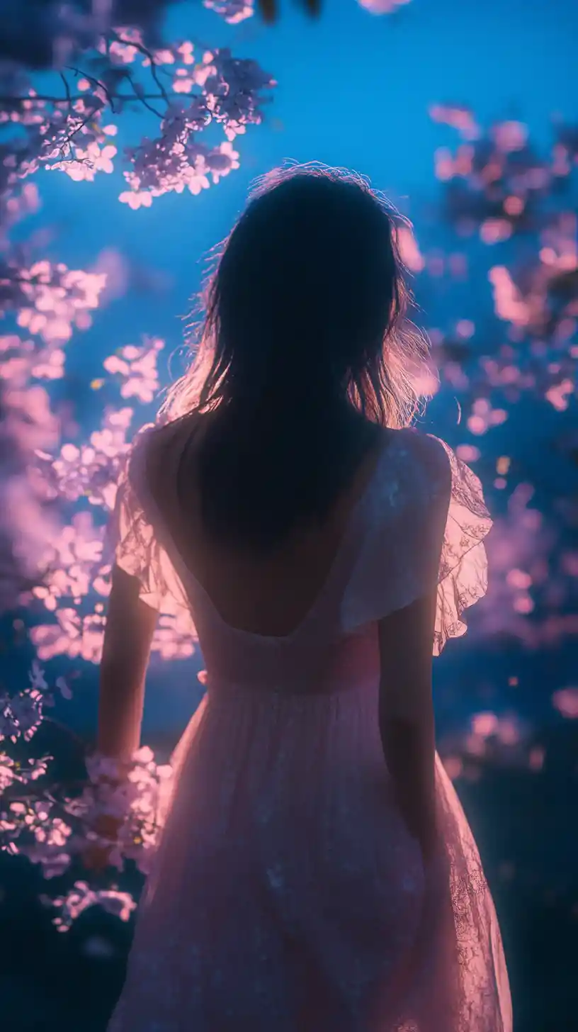 夜色櫻花樹下沐浴粉色光芒的女孩