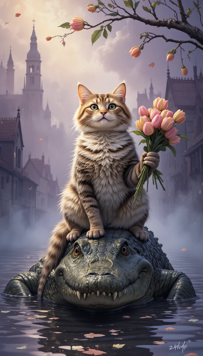 Gato listrado alegre segurando tulipas em cima de um crocodilo