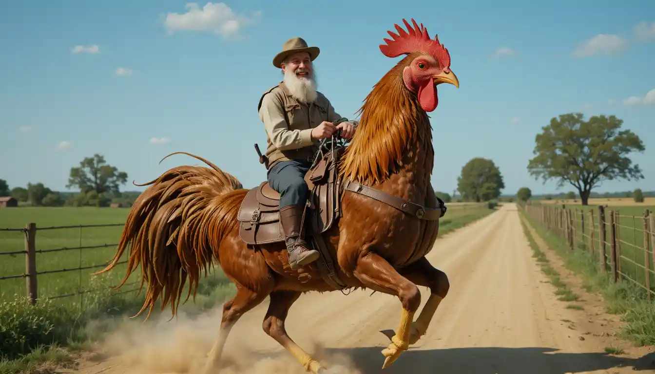 Old man riding a giant brown chicken on country road