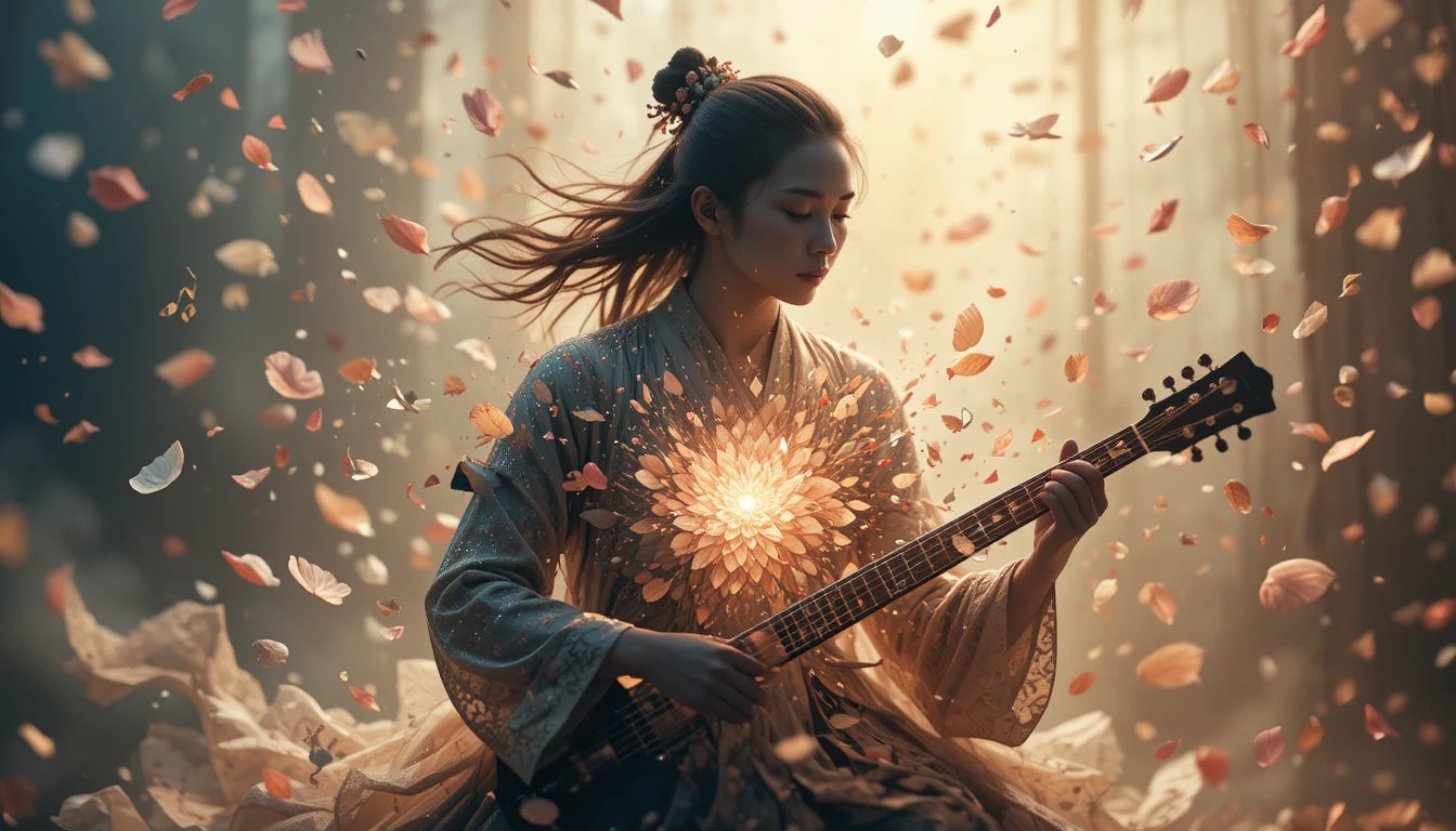 Koto notes dissolving into petals and radiant light