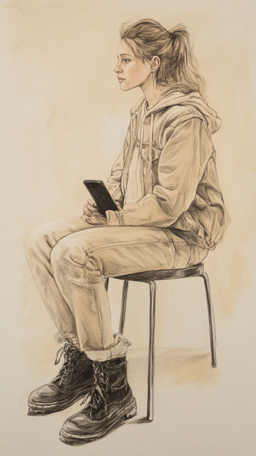 Pensive woman on stool with smartphone in minimalist interior