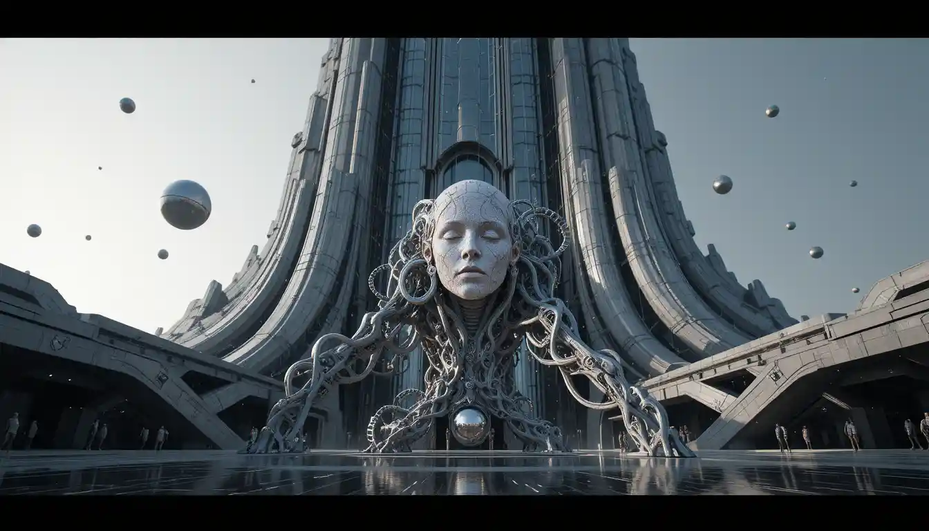 Torre di Vetro Futuristica con Scultura Cosmica Biomeccanica