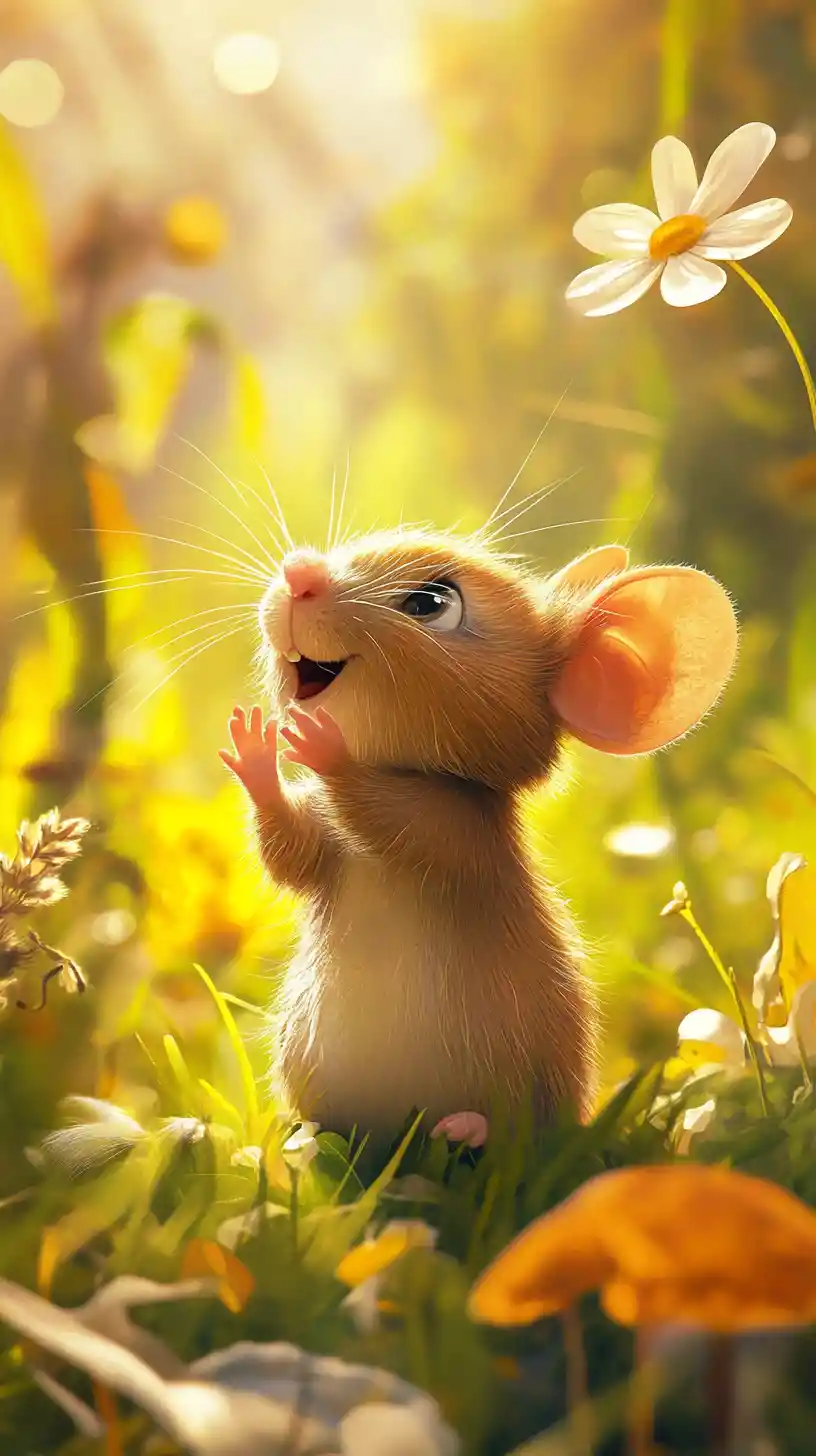 Cartoon mouse jumping playfully on a spring meadow