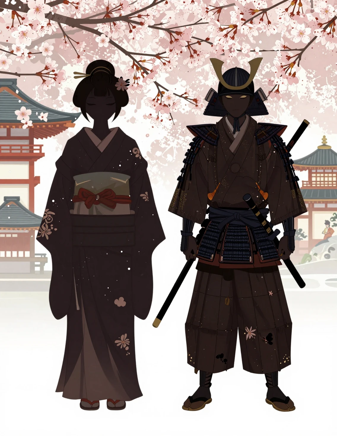 Silhuetas de gueixa e samurai com flores de cerejeira