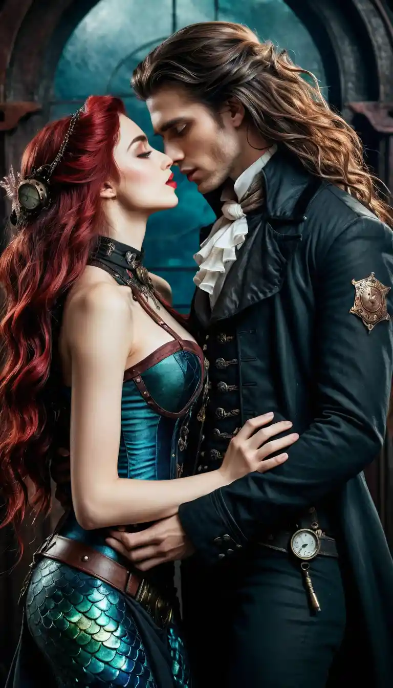 Vampire and mermaid kiss in dark underwater scene