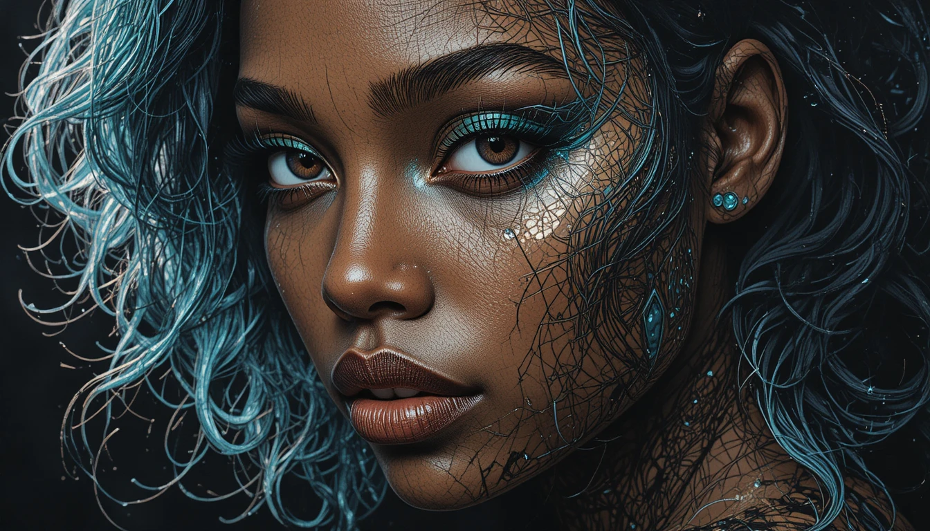 Portrait de femme noire en dessin linéaire bleu sarcelle et blanc