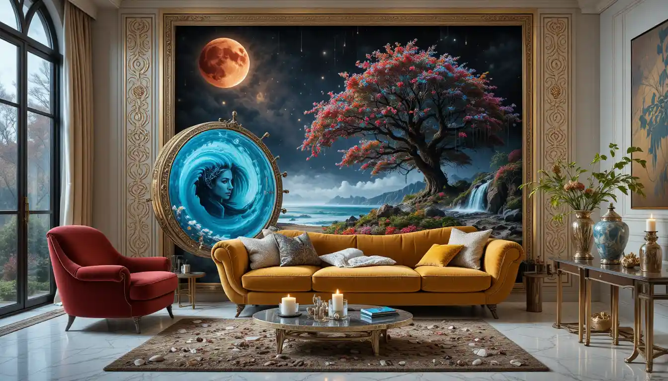 Sala de estar futurista con sofá barroco y suelo de mármol