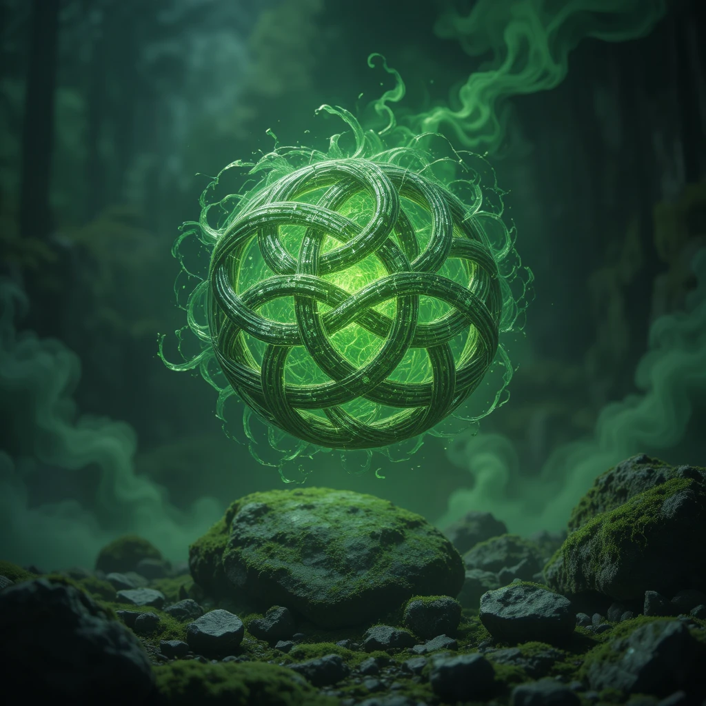 Glowing Celtic Knot Hovering Above Mossy Stone Ground