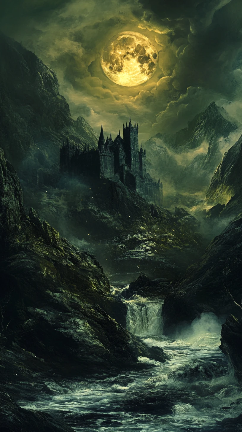 Castelo de conto de fadas sombrio sob uma lua cheia distante