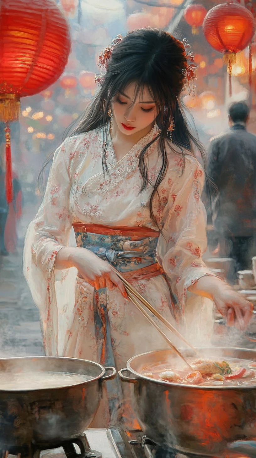 붉은 등불 아래에서 요리하는 아시아 노점상 소녀