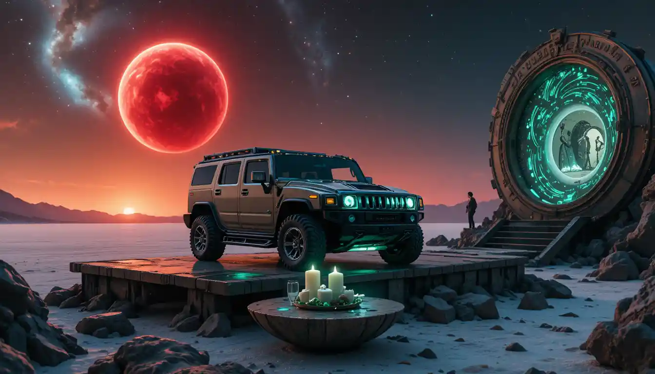 Futuristic hummer suv beside portal on black sand beach