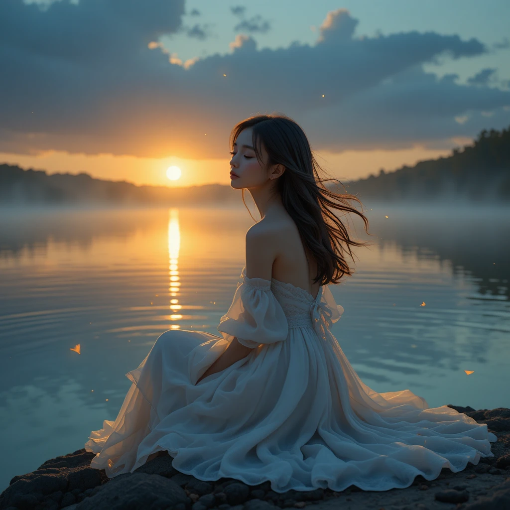 Ragazza in abito bianco al tramonto accanto a un lago calmo