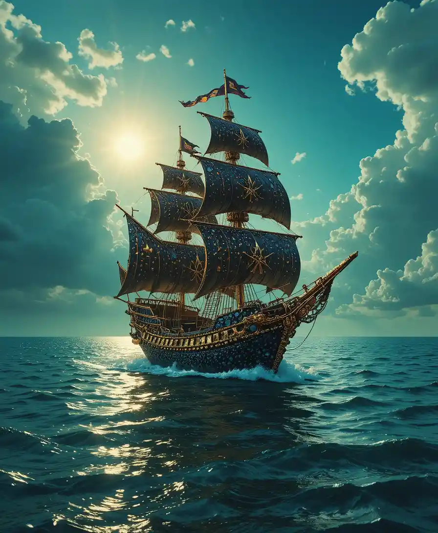 Barco pirata de diamante encantado navegando en un mar centelleante