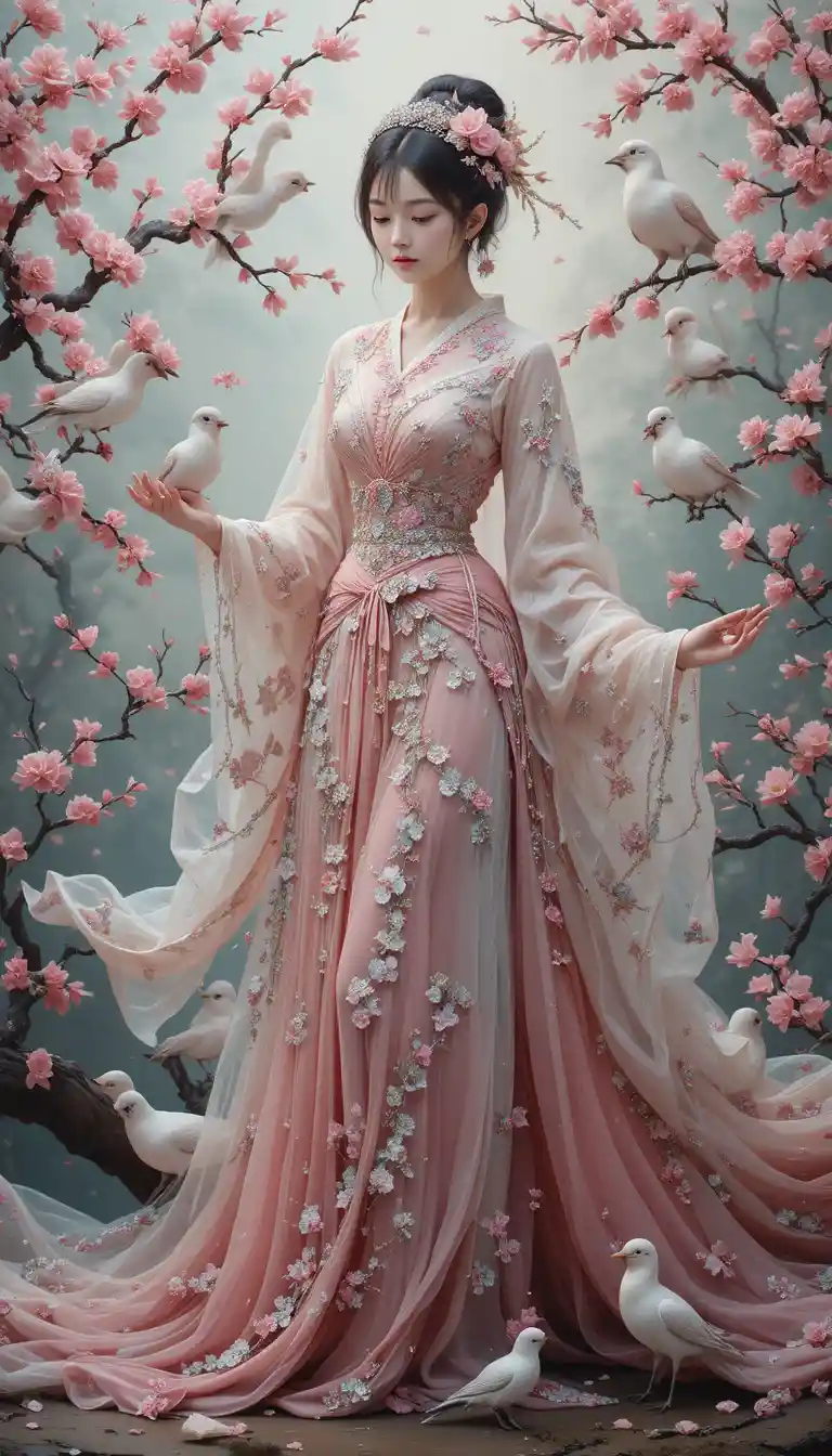 Spring woman in full body costume with birds and blossoms