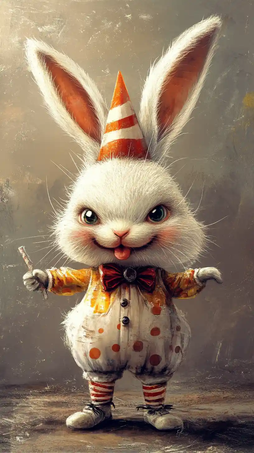 Cute white circus rabbit clown in fantasy digital illustration