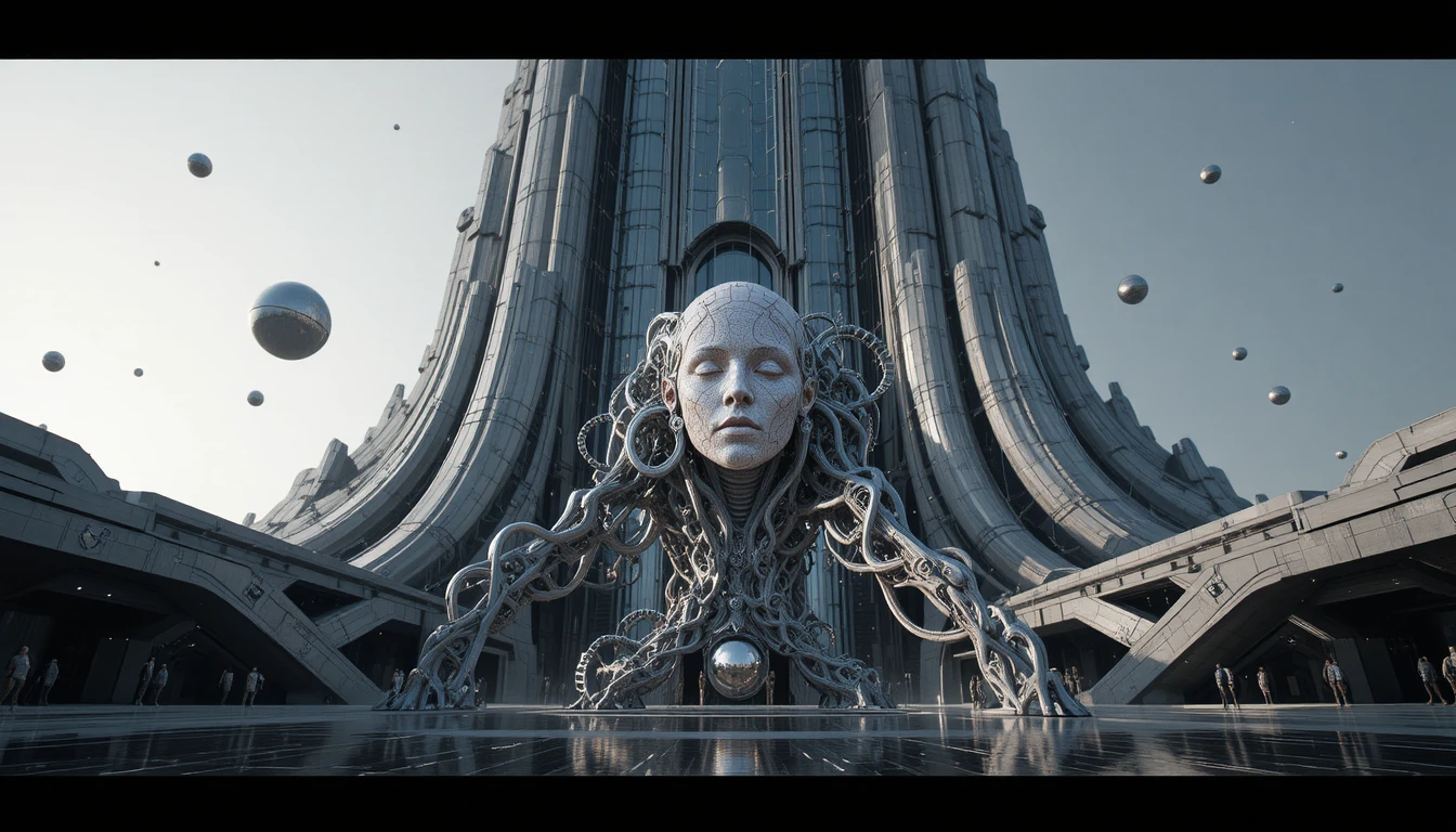 Futuristischer Glasturm mit biomechanischer kosmischer Skulptur
