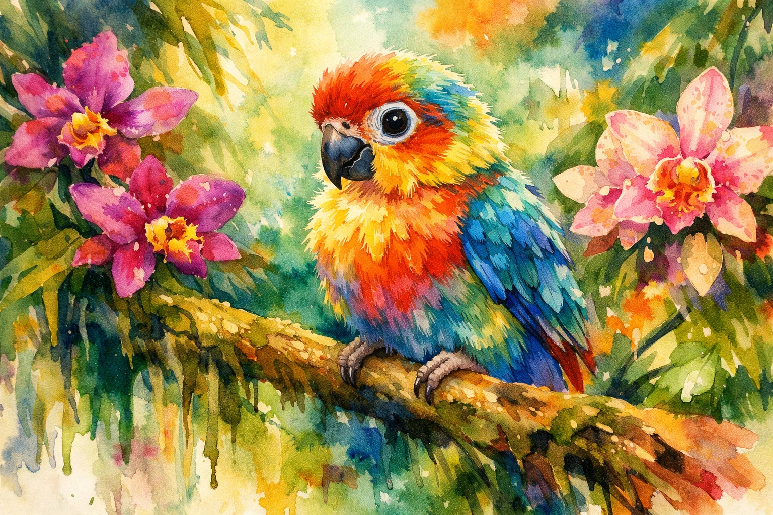 水彩で描く熱帯雨林の枝にとまるカラフルな子どものオウム