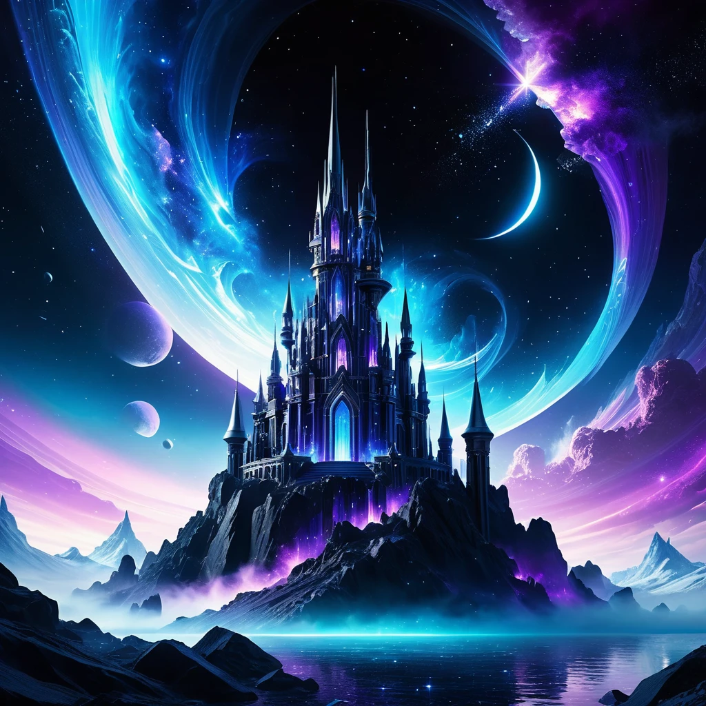Colossal Château de Cristal Fantastique au‑dessus d’un Vortex Cosmique Tourbillonnant