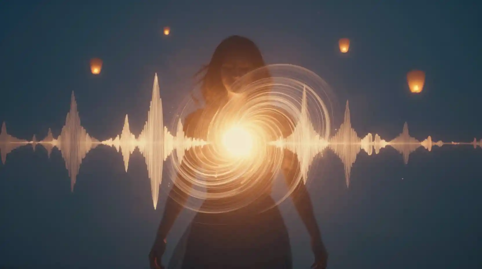 Figure Surrounded By Glowing Sound Waves In Serene Light