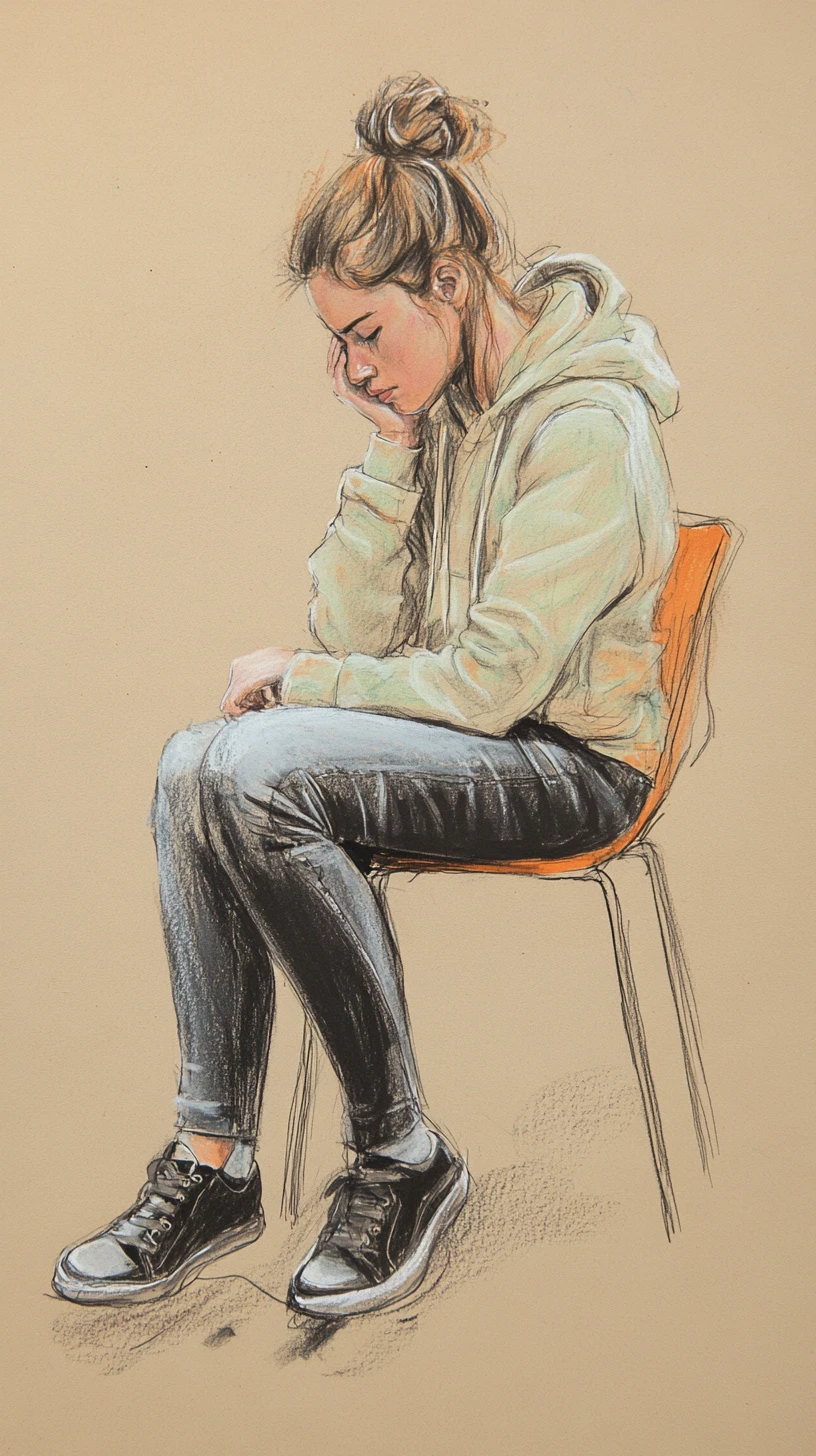 Thoughtful young woman on stool with smartphone drawing