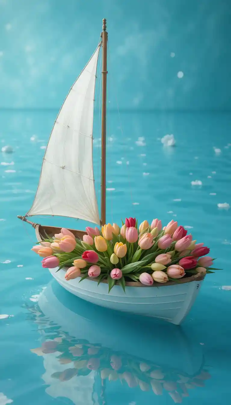 Fantasie-Boot aus Tulpen segelt auf ruhigem aquamarinblauem Wasser