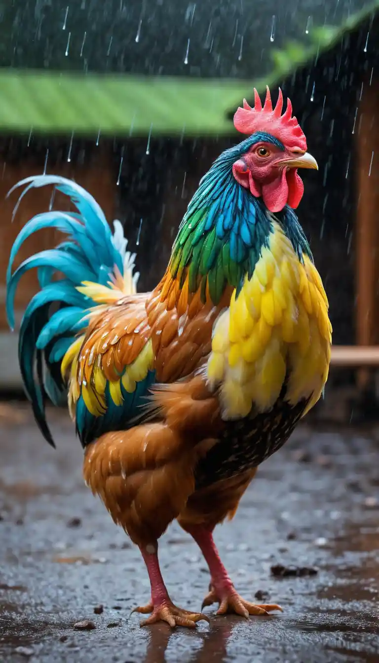 Colorful chicken under glowing rain in a rustic coop